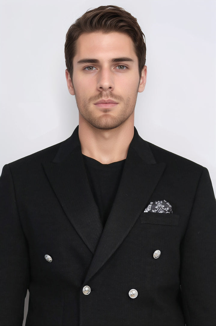 Siyah Düz Kumaş Gümüş Rengi Metal Düğmeli Slim Fit Kruvaze Blazer – Wessi