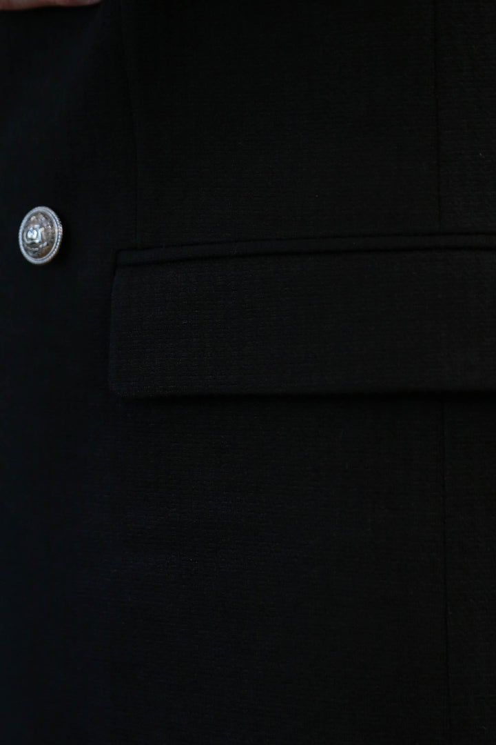 Siyah Düz Kumaş Gümüş Rengi Metal Düğmeli Slim Fit Kruvaze Blazer – Wessi