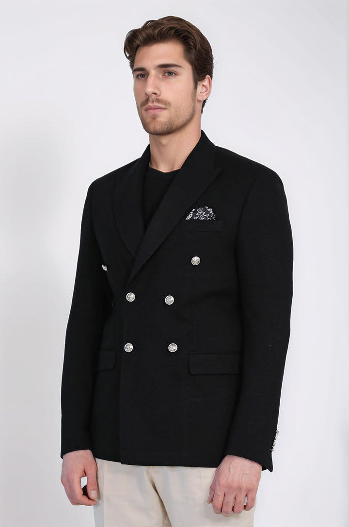 Siyah Düz Kumaş Gümüş Rengi Metal Düğmeli Slim Fit Kruvaze Blazer – Wessi
