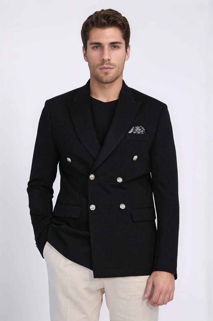 Siyah Düz Kumaş Gümüş Rengi Metal Düğmeli Slim Fit Kruvaze Blazer – Wessi