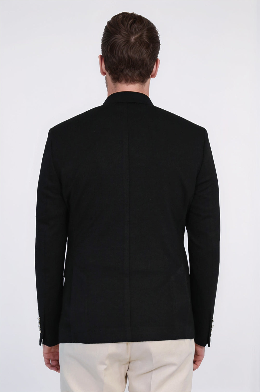 Siyah Düz Kumaş Gümüş Rengi Metal Düğmeli Slim Fit Kruvaze Blazer – Wessi