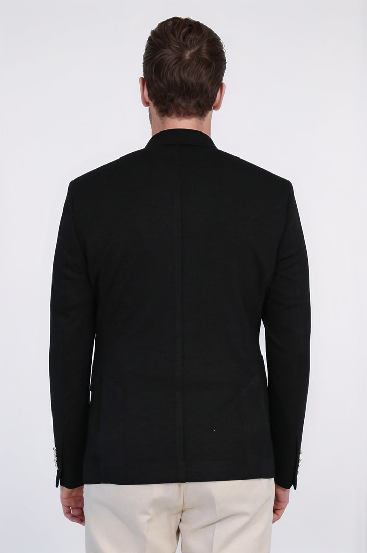Siyah Düz Kumaş Gümüş Rengi Metal Düğmeli Slim Fit Kruvaze Blazer – Wessi