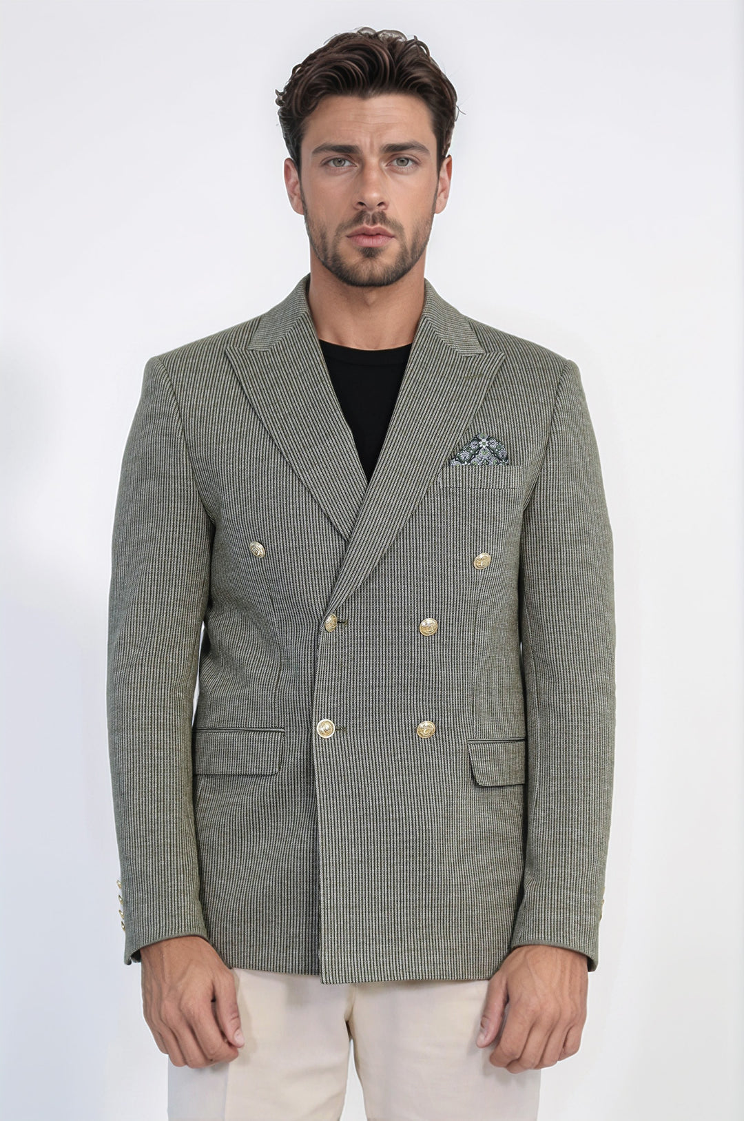 Zeytin Yeşili Çizgili Altın Rengi Metal Düğmeli Slim Fit Kruvaze Blazer – Wessi