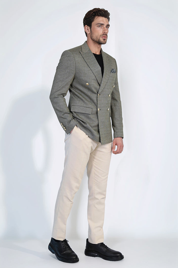 Zeytin Yeşili Çizgili Altın Rengi Metal Düğmeli Slim Fit Kruvaze Blazer – Wessi