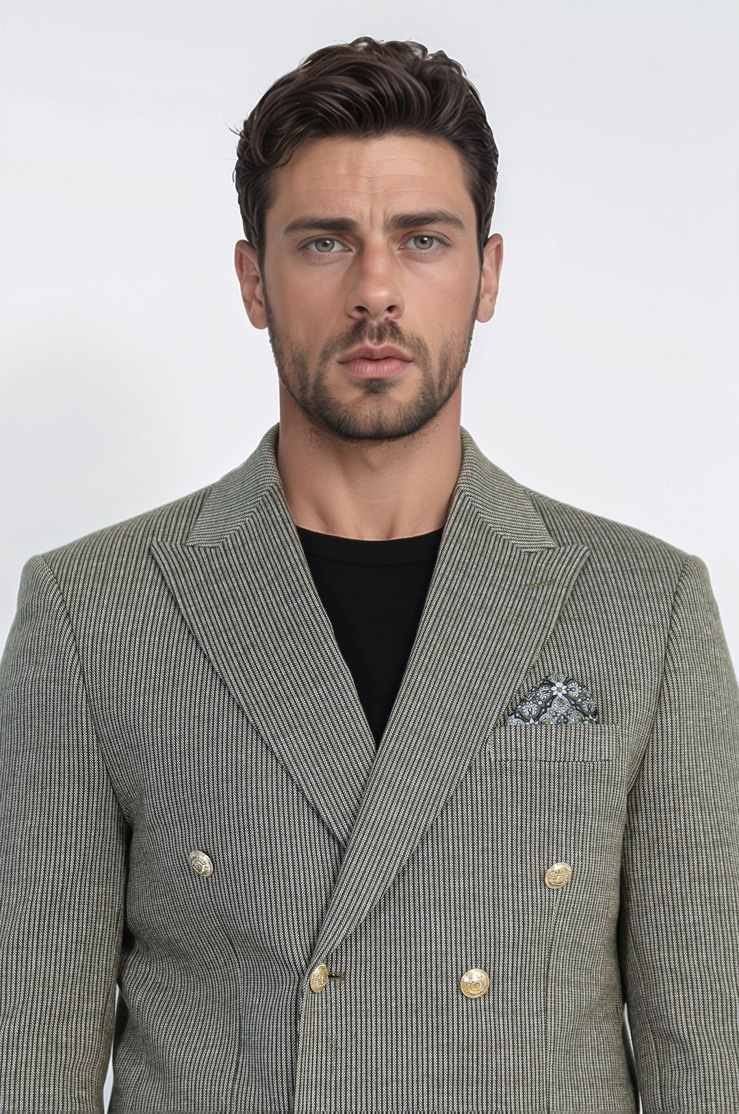 Zeytin Yeşili Çizgili Altın Rengi Metal Düğmeli Slim Fit Kruvaze Blazer – Wessi