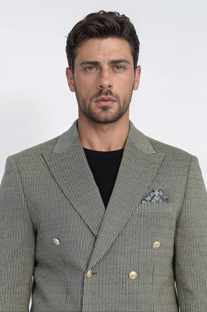 Zeytin Yeşili Çizgili Altın Rengi Metal Düğmeli Slim Fit Kruvaze Blazer – Wessi