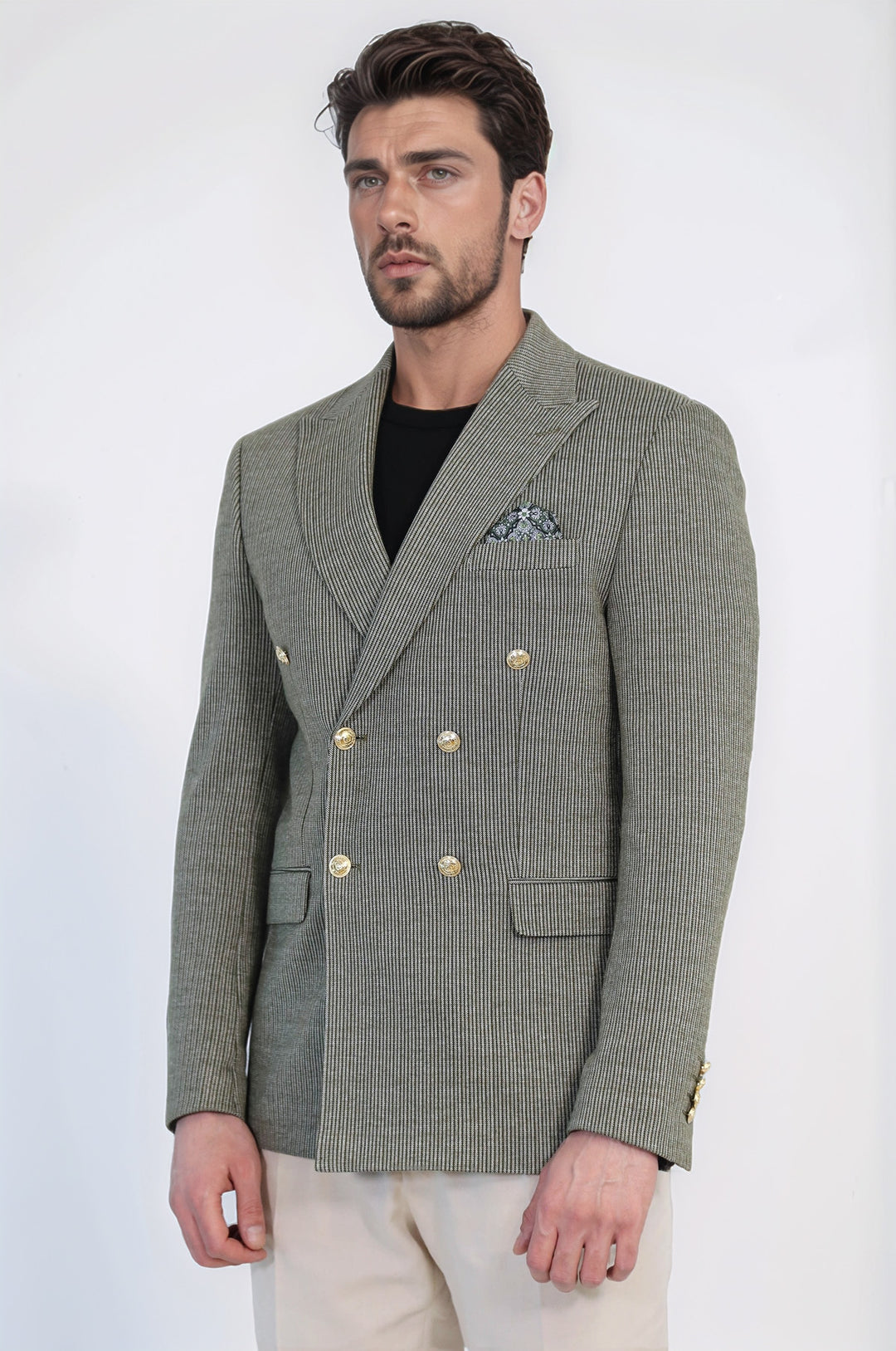 Zeytin Yeşili Çizgili Altın Rengi Metal Düğmeli Slim Fit Kruvaze Blazer – Wessi