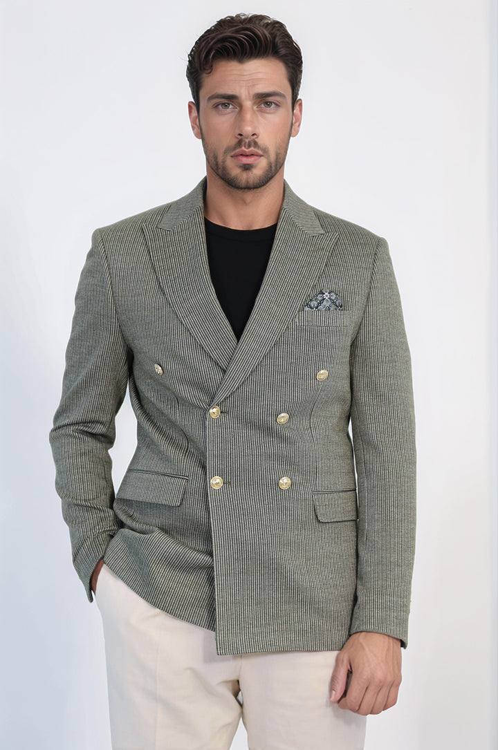 Zeytin Yeşili Çizgili Altın Rengi Metal Düğmeli Slim Fit Kruvaze Blazer – Wessi