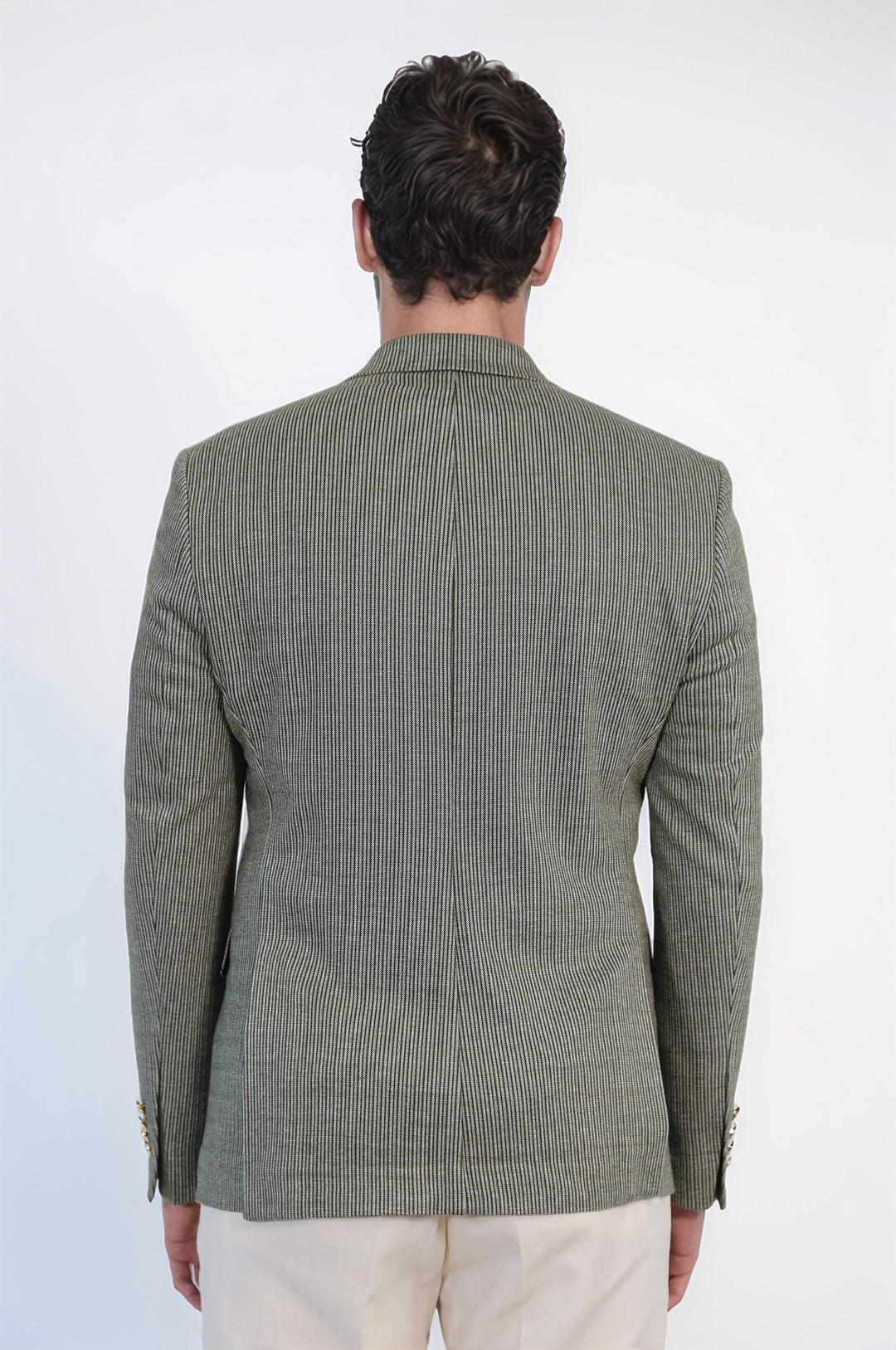 Zeytin Yeşili Çizgili Altın Rengi Metal Düğmeli Slim Fit Kruvaze Blazer – Wessi