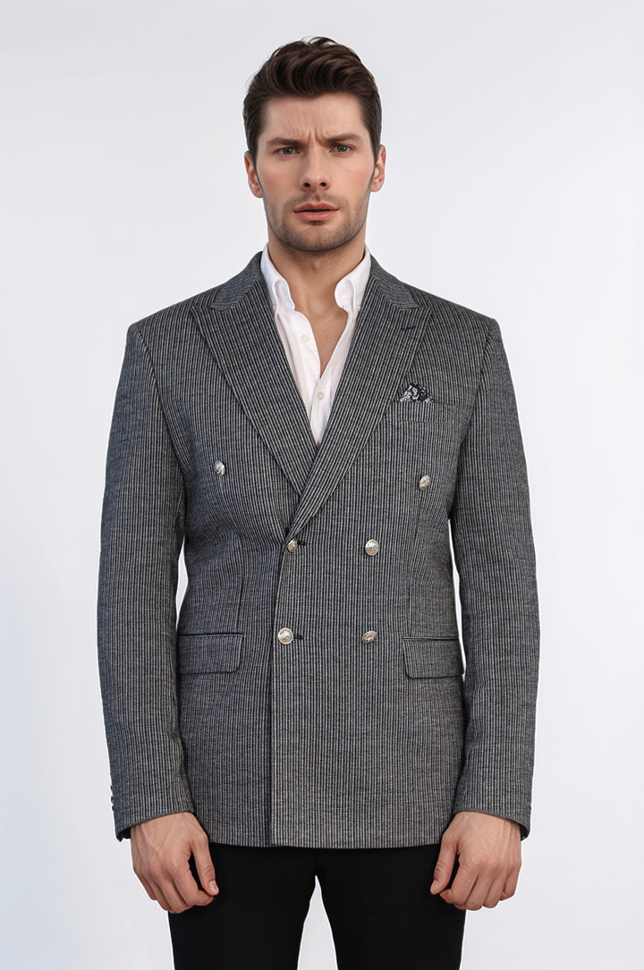 Siyah Çizgili Gümüş Rengi Metal Düğmeli Slim Fit Kruvaze Blazer – Wessi