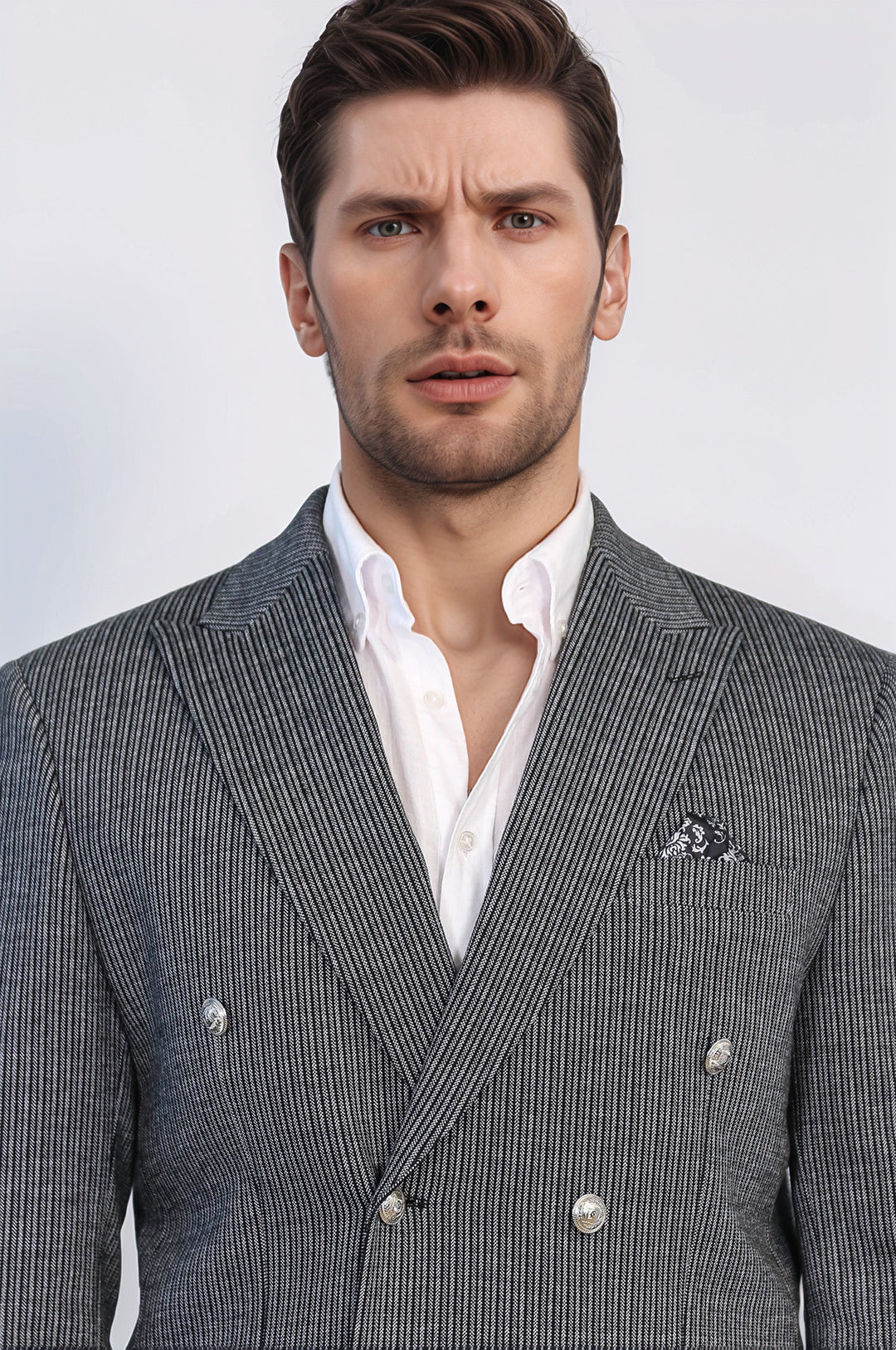 Siyah Çizgili Gümüş Rengi Metal Düğmeli Slim Fit Kruvaze Blazer – Wessi