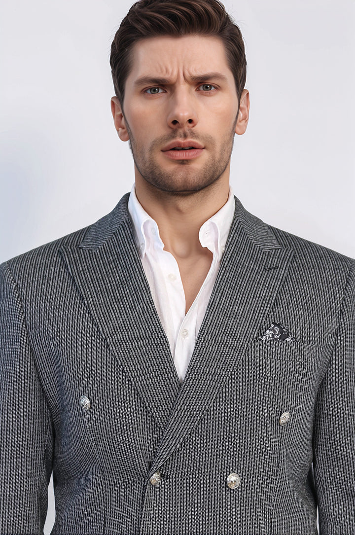 Siyah Çizgili Gümüş Rengi Metal Düğmeli Slim Fit Kruvaze Blazer – Wessi