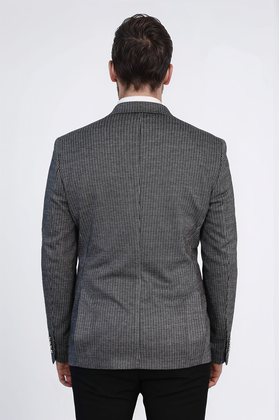 Siyah Çizgili Gümüş Rengi Metal Düğmeli Slim Fit Kruvaze Blazer – Wessi