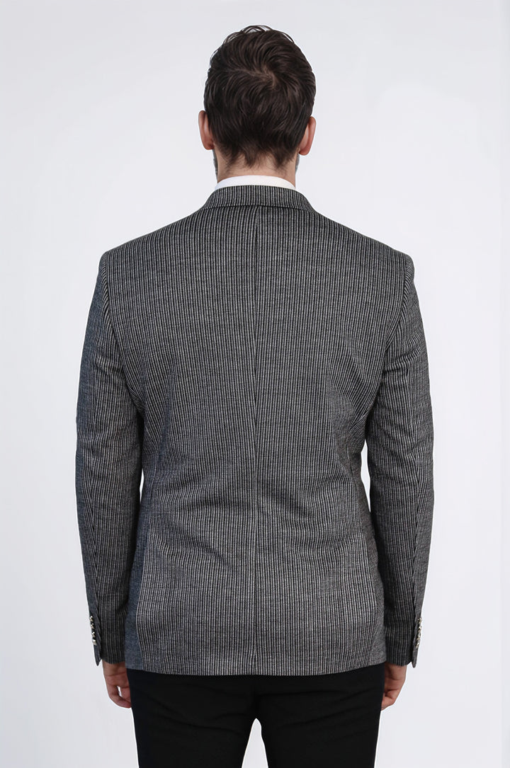 Siyah Çizgili Gümüş Rengi Metal Düğmeli Slim Fit Kruvaze Blazer – Wessi