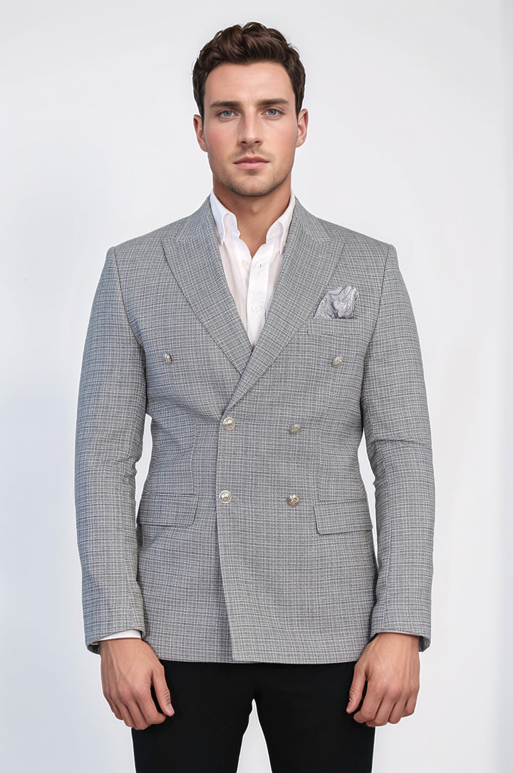 Siyah Pötikare Desenli Gümüş Rengi Metal Düğmeli Slim Fit Kruvaze Blazer – Wessi
