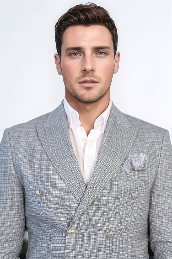 Siyah Pötikare Desenli Gümüş Rengi Metal Düğmeli Slim Fit Kruvaze Blazer – Wessi