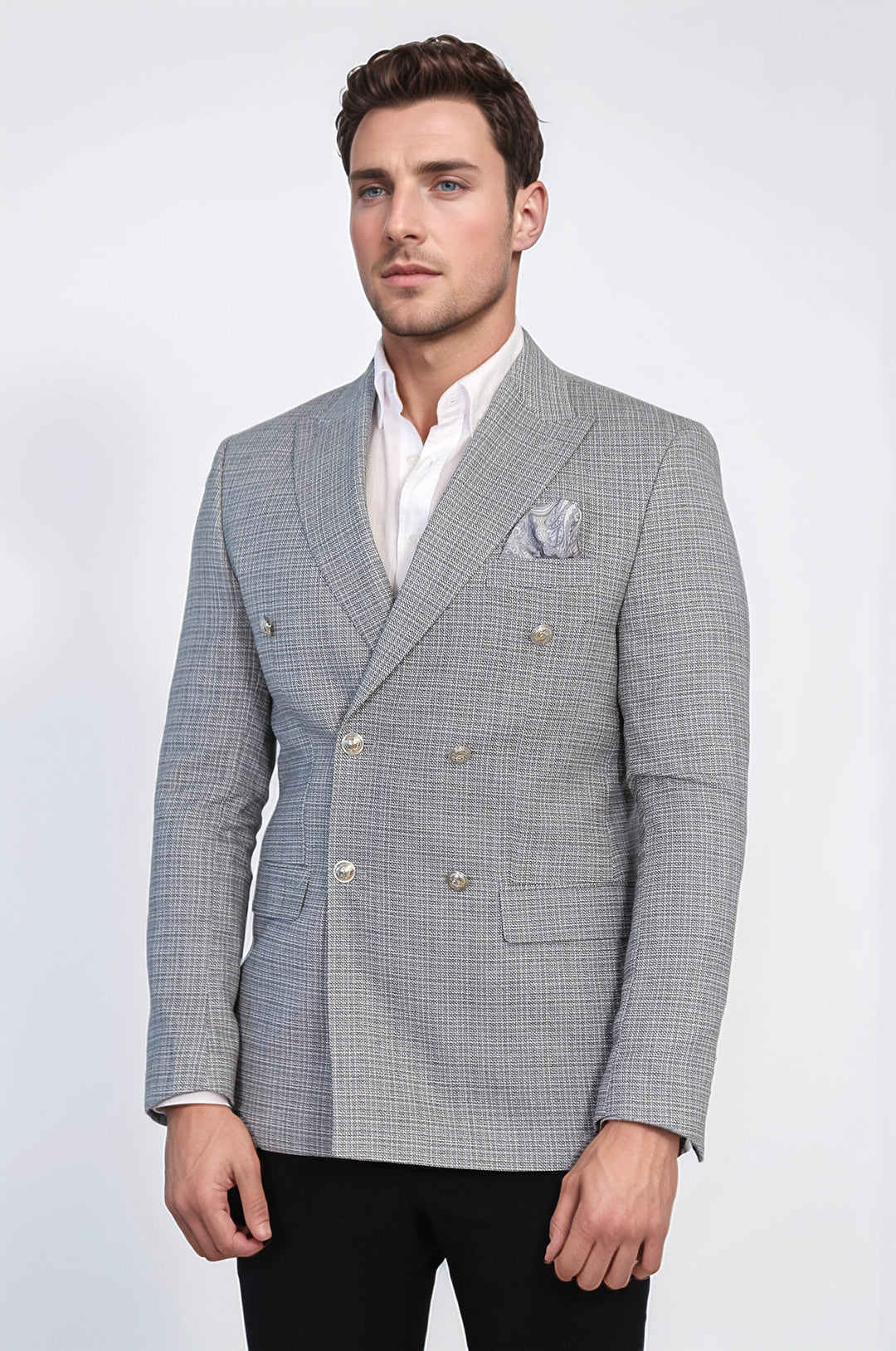 Siyah Pötikare Desenli Gümüş Rengi Metal Düğmeli Slim Fit Kruvaze Blazer – Wessi