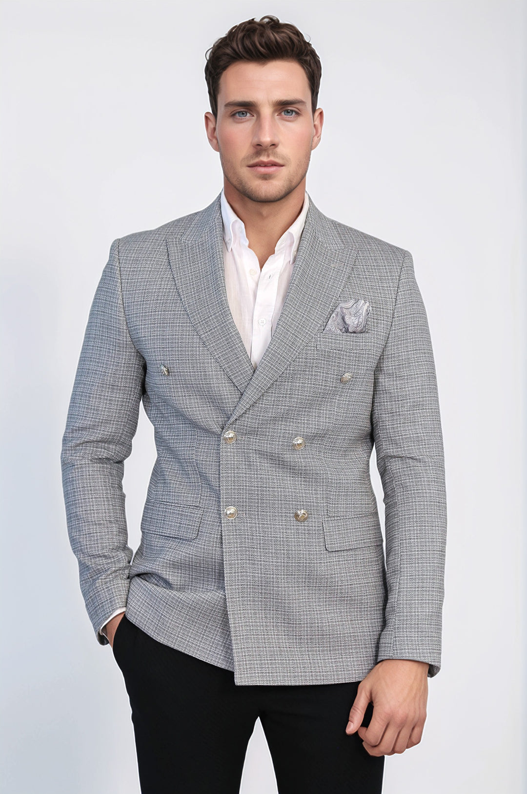 Siyah Pötikare Desenli Gümüş Rengi Metal Düğmeli Slim Fit Kruvaze Blazer – Wessi