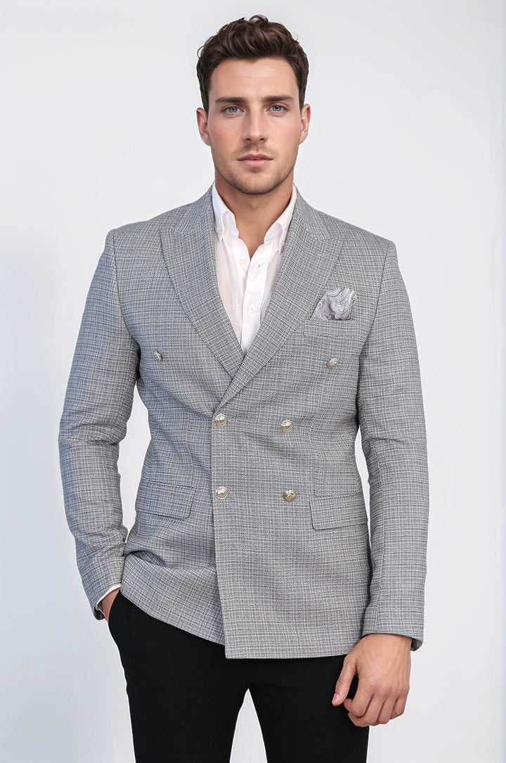 Siyah Pötikare Desenli Gümüş Rengi Metal Düğmeli Slim Fit Kruvaze Blazer – Wessi