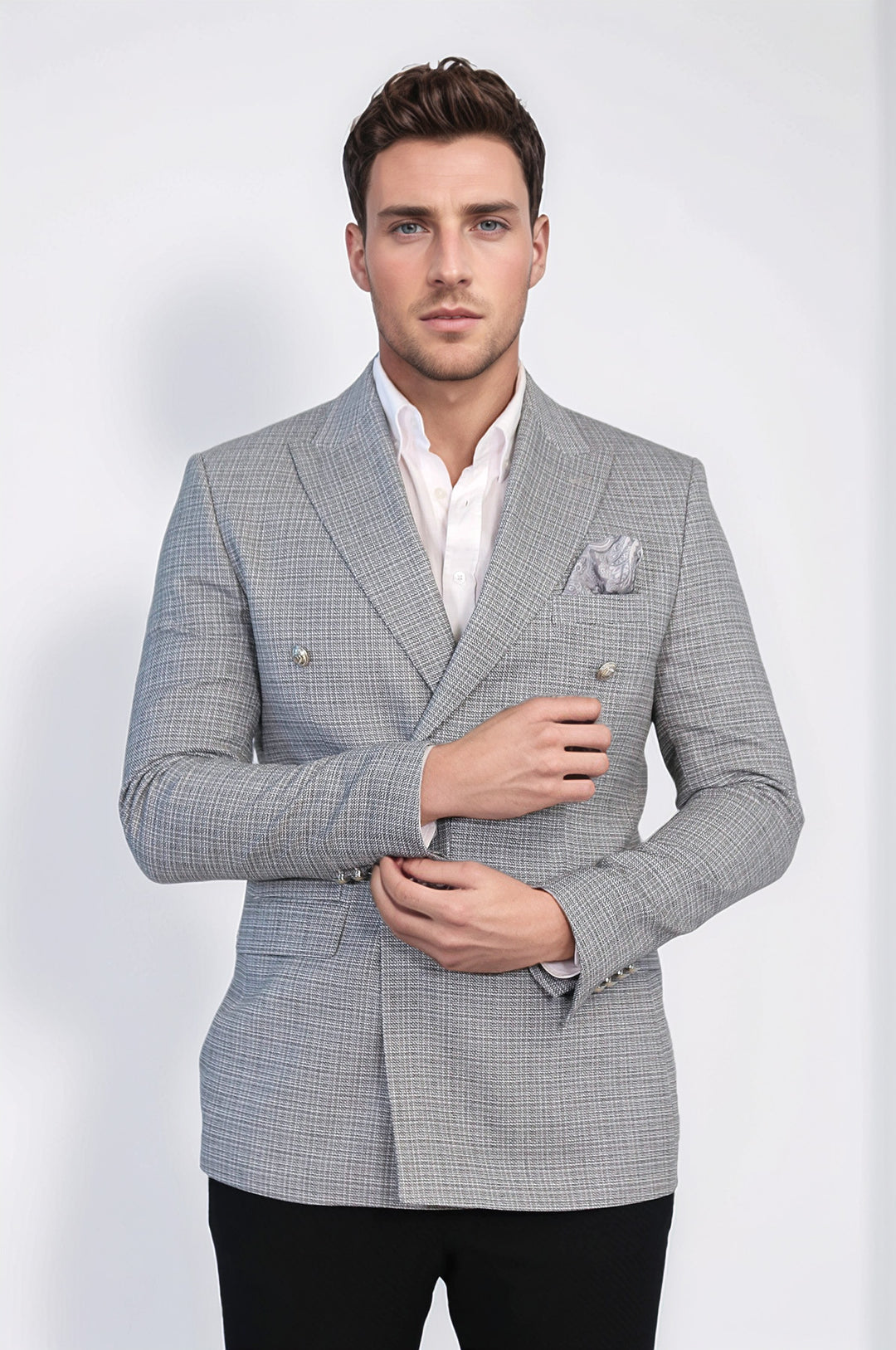 Siyah Pötikare Desenli Gümüş Rengi Metal Düğmeli Slim Fit Kruvaze Blazer – Wessi