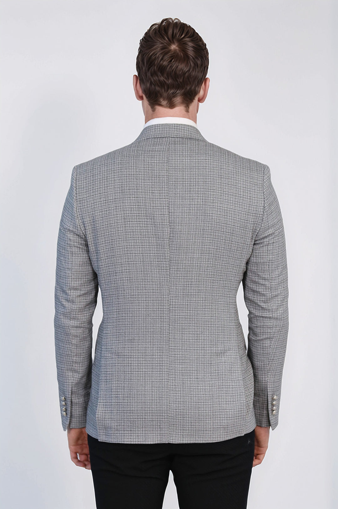 Siyah Pötikare Desenli Gümüş Rengi Metal Düğmeli Slim Fit Kruvaze Blazer – Wessi