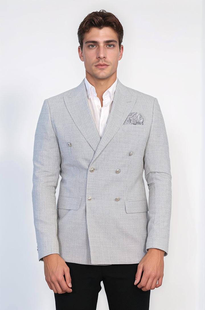Gri Pötikare Desenli Gümüş Rengi Metal Düğmeli Slim Fit Kruvaze Blazer – Wessi