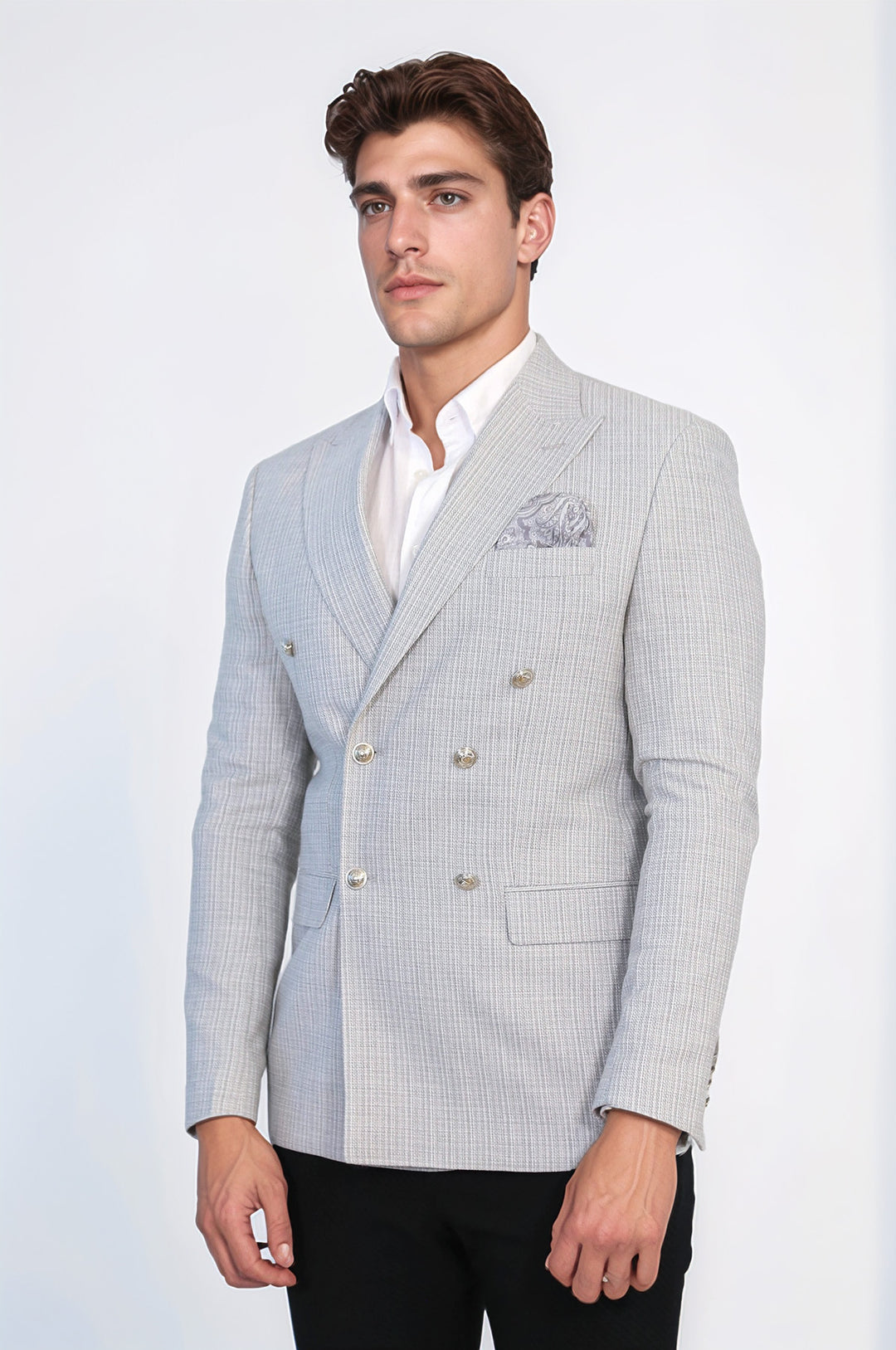 Gri Pötikare Desenli Gümüş Rengi Metal Düğmeli Slim Fit Kruvaze Blazer – Wessi