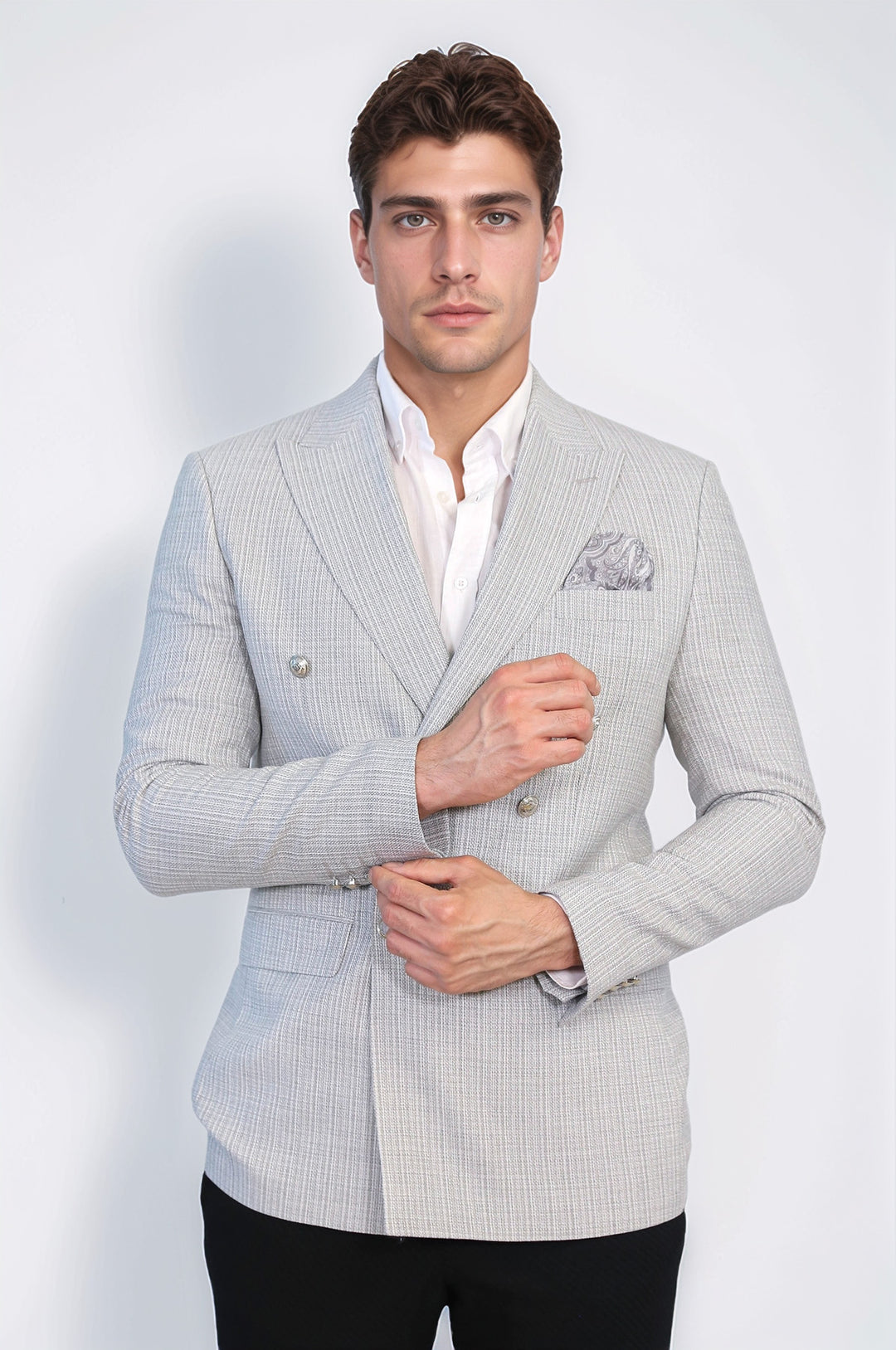 Gri Pötikare Desenli Gümüş Rengi Metal Düğmeli Slim Fit Kruvaze Blazer – Wessi