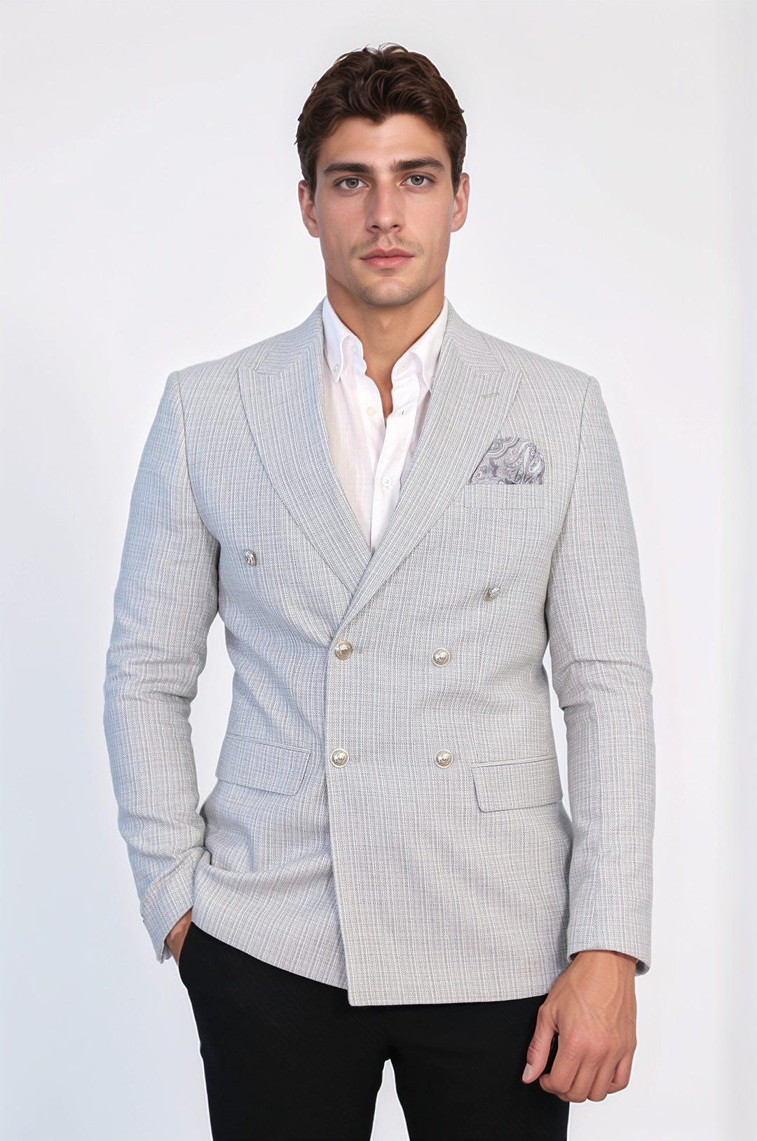 Gri Pötikare Desenli Gümüş Rengi Metal Düğmeli Slim Fit Kruvaze Blazer – Wessi