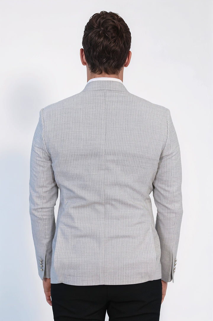 Gri Pötikare Desenli Gümüş Rengi Metal Düğmeli Slim Fit Kruvaze Blazer – Wessi