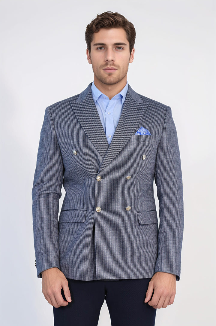 Lacivert Çizgili Gümüş Rengi Metal Düğmeli Slim Fit Kruvaze Blazer – Wessi