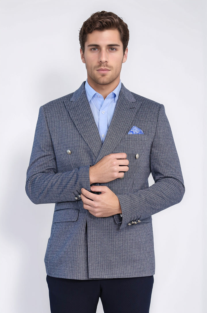 Lacivert Çizgili Gümüş Rengi Metal Düğmeli Slim Fit Kruvaze Blazer – Wessi