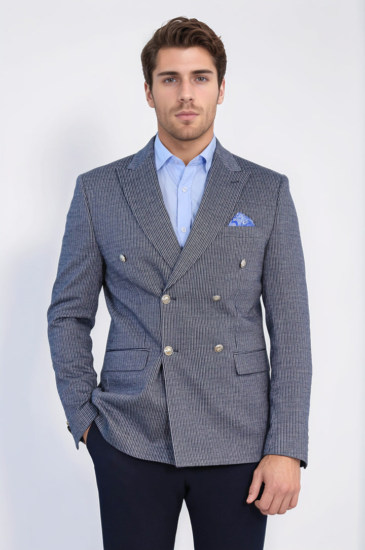 Lacivert Çizgili Gümüş Rengi Metal Düğmeli Slim Fit Kruvaze Blazer – Wessi