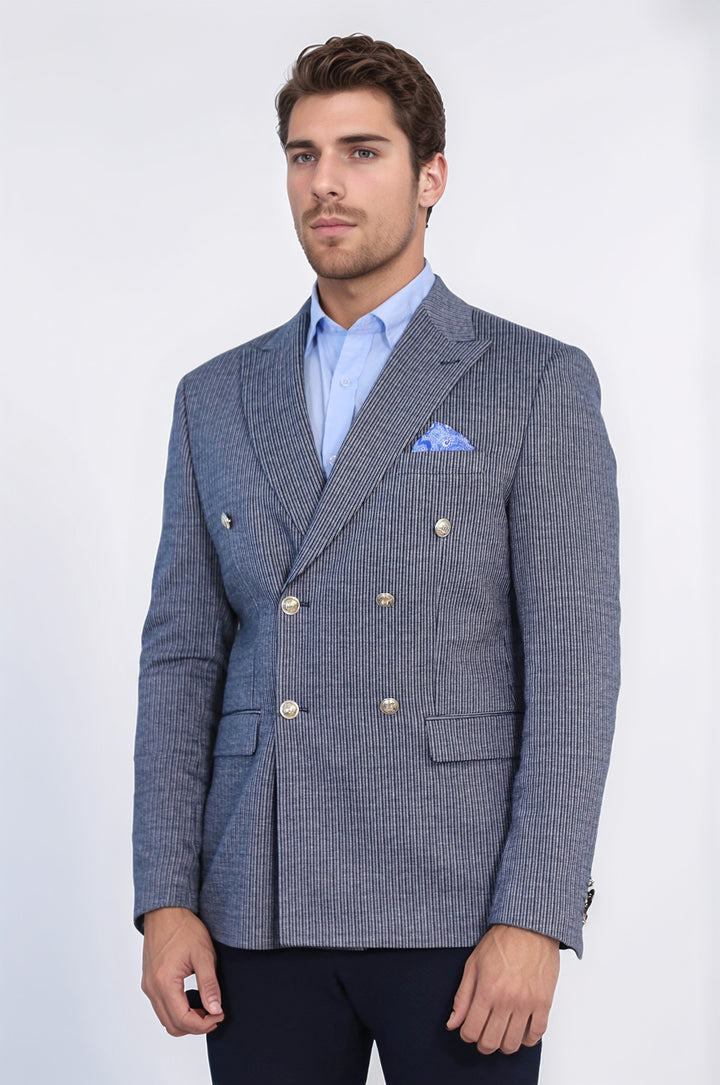 Lacivert Çizgili Gümüş Rengi Metal Düğmeli Slim Fit Kruvaze Blazer – Wessi