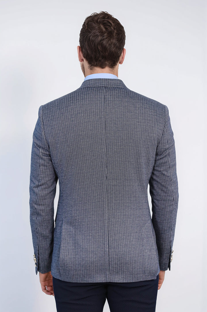 Lacivert Çizgili Gümüş Rengi Metal Düğmeli Slim Fit Kruvaze Blazer – Wessi