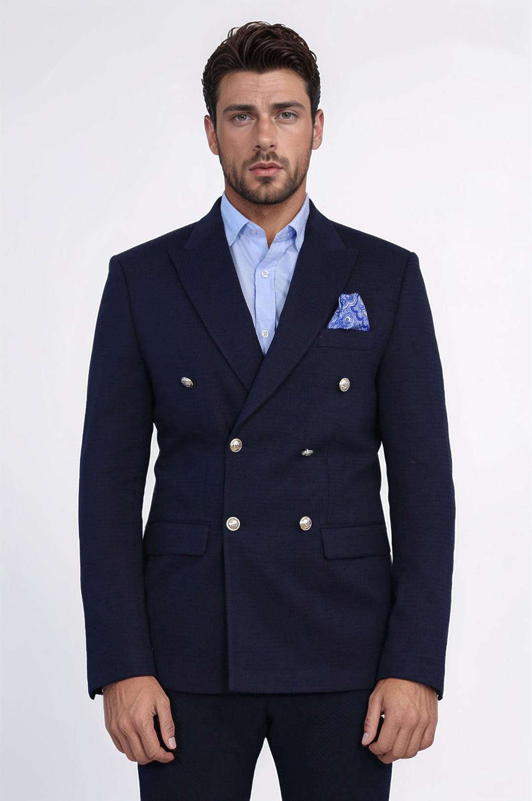 Lacivert Düz Kumaş Gümüş Rengi Metal Düğmeli Slim Fit Kruvaze Blazer – Wessi