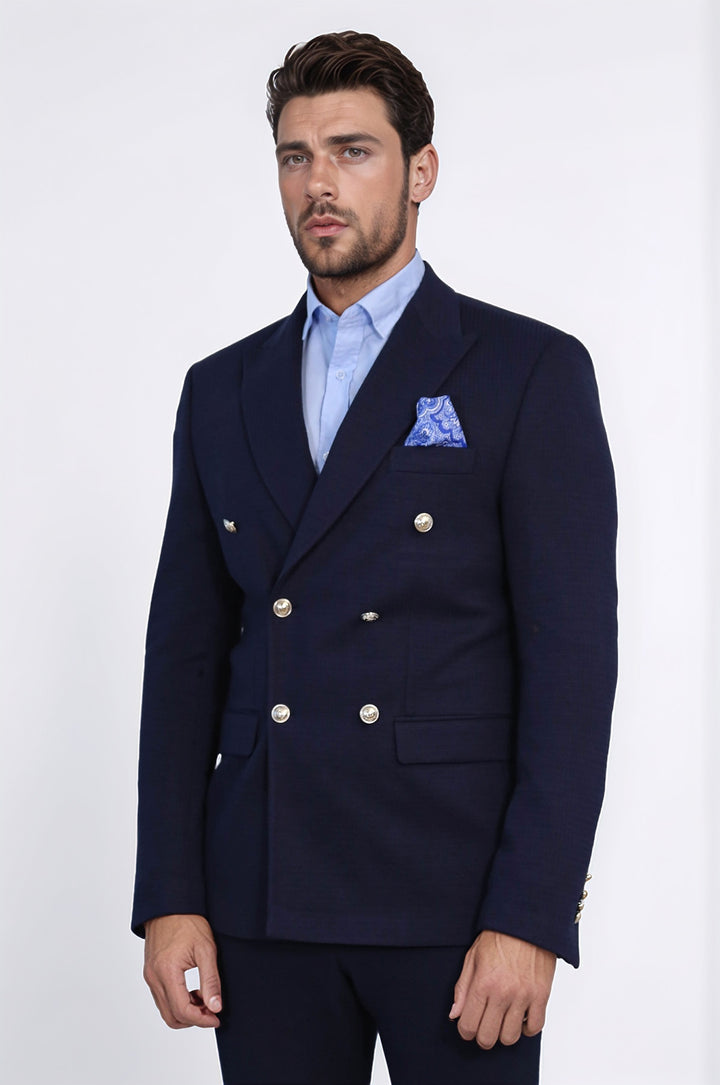 Lacivert Düz Kumaş Gümüş Rengi Metal Düğmeli Slim Fit Kruvaze Blazer – Wessi