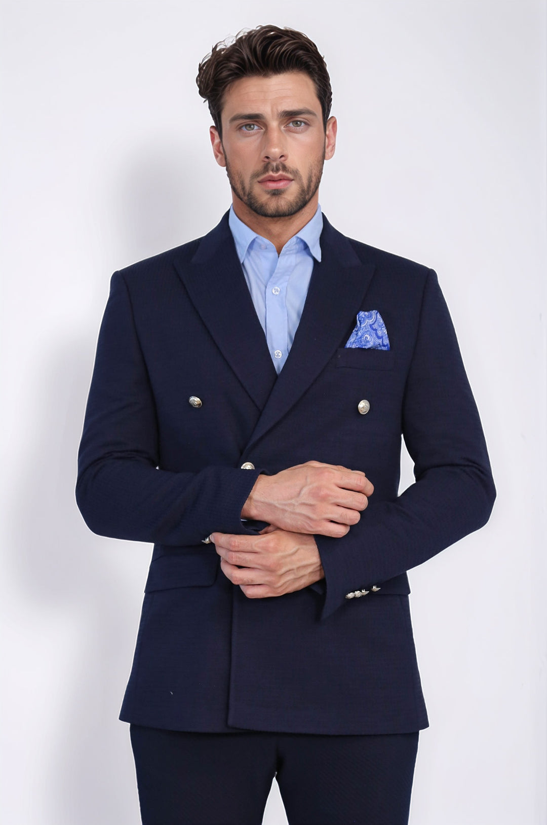 Lacivert Düz Kumaş Gümüş Rengi Metal Düğmeli Slim Fit Kruvaze Blazer – Wessi