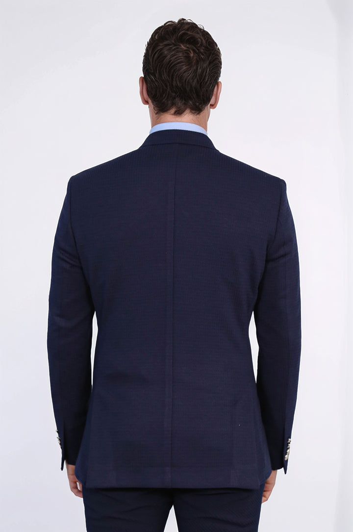 Lacivert Düz Kumaş Gümüş Rengi Metal Düğmeli Slim Fit Kruvaze Blazer – Wessi