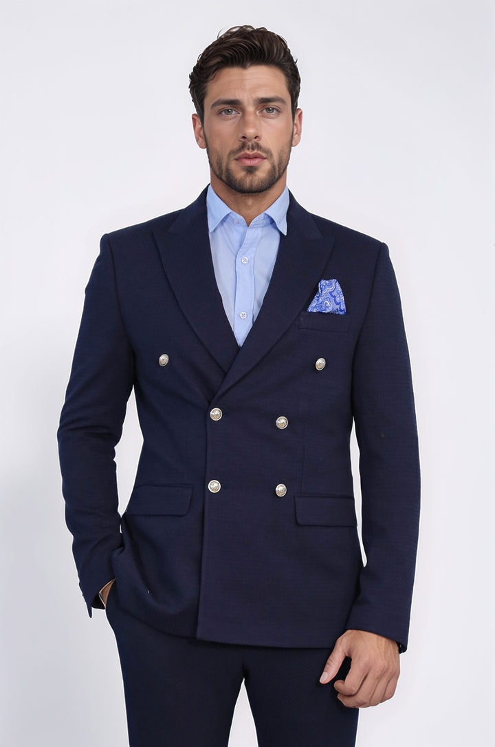 Lacivert Düz Kumaş Gümüş Rengi Metal Düğmeli Slim Fit Kruvaze Blazer – Wessi