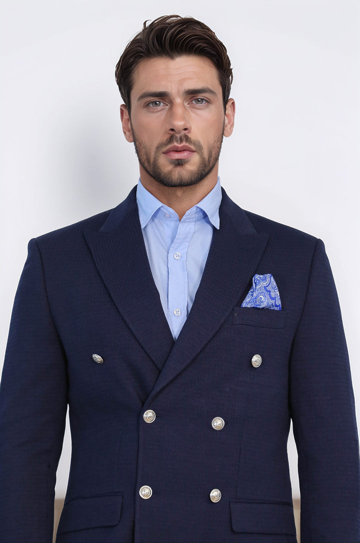 Lacivert Düz Kumaş Gümüş Rengi Metal Düğmeli Slim Fit Kruvaze Blazer – Wessi