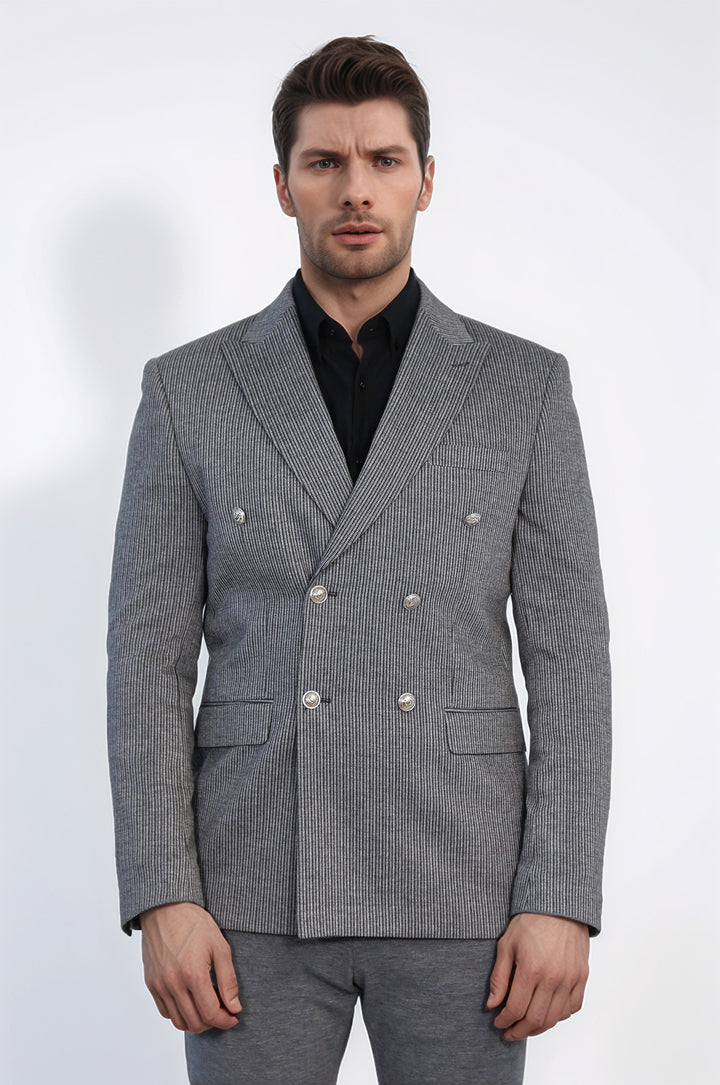 Antrasit Çizgili Gümüş Rengi Metal Düğmeli Slim Fit Kruvaze Blazer – Wessi