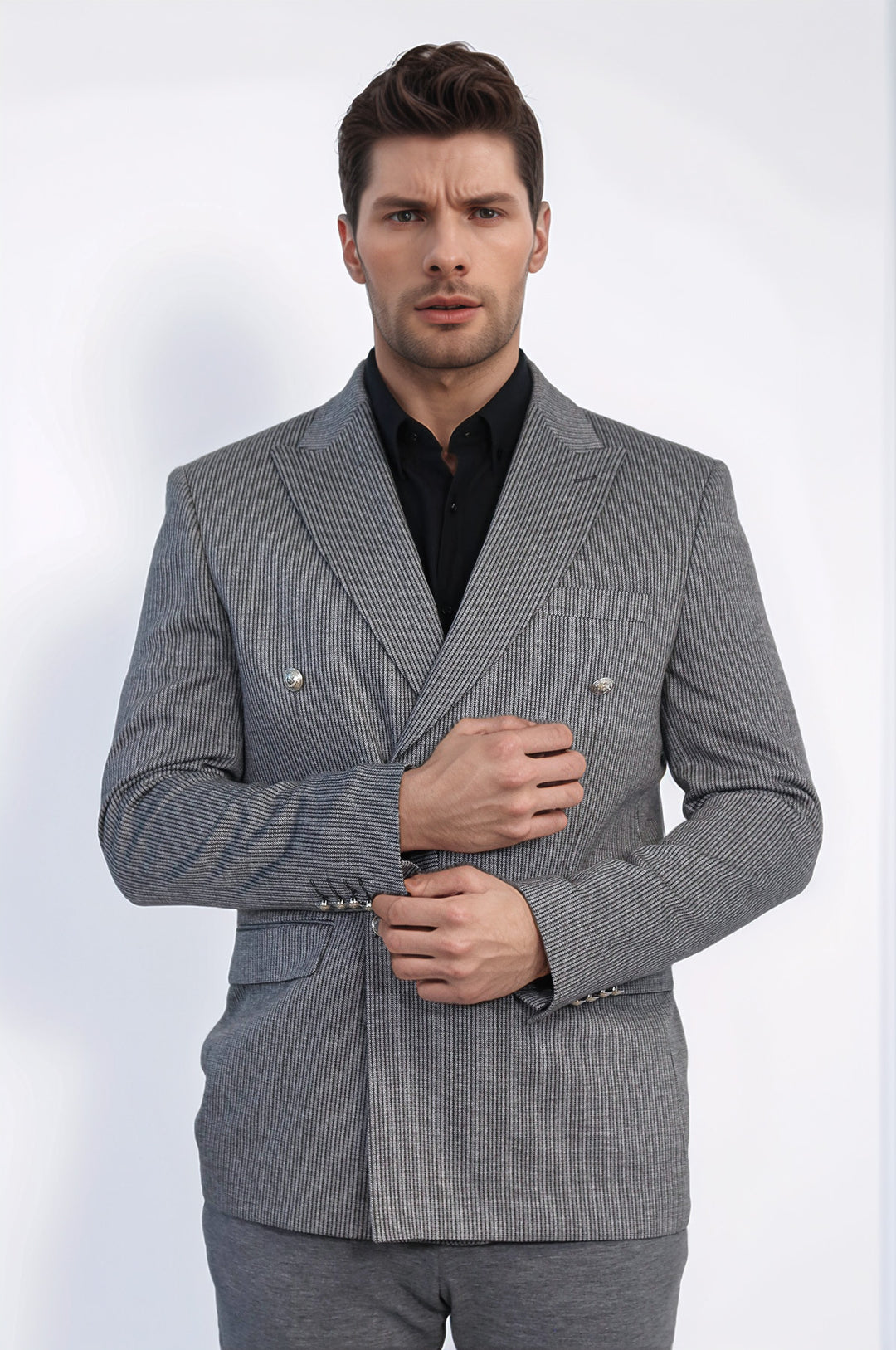 Antrasit Çizgili Gümüş Rengi Metal Düğmeli Slim Fit Kruvaze Blazer – Wessi