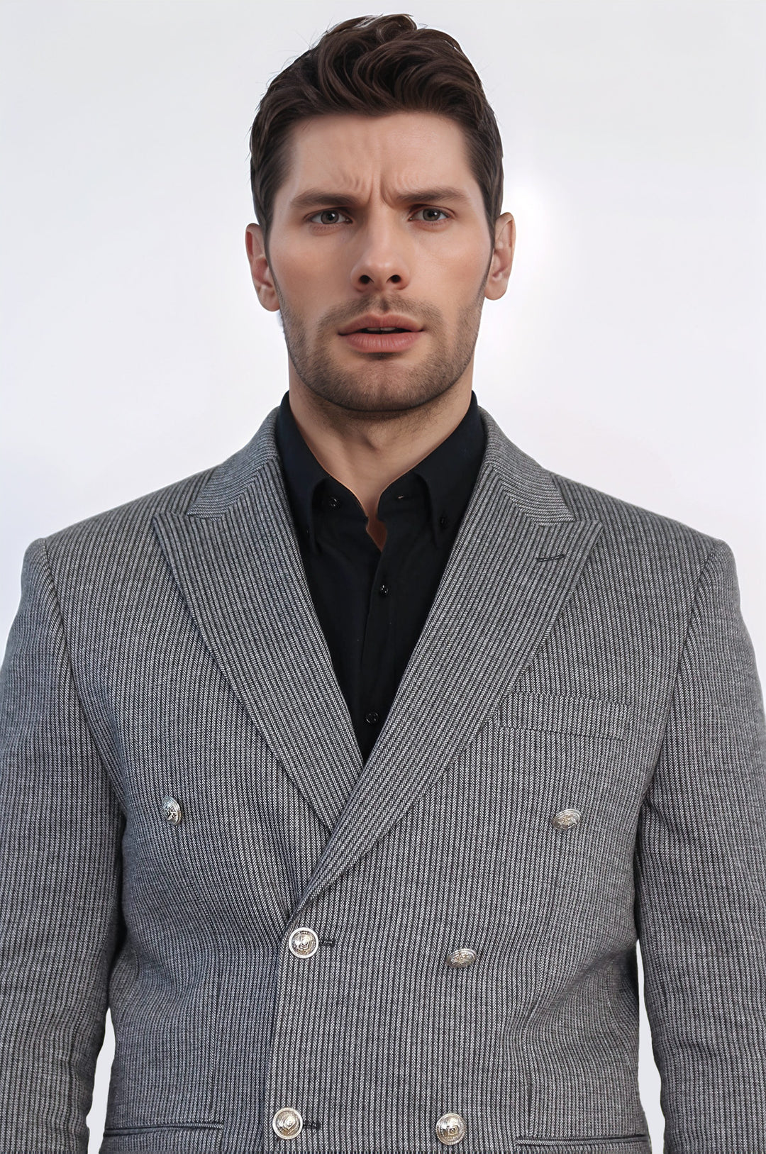 Antrasit Çizgili Gümüş Rengi Metal Düğmeli Slim Fit Kruvaze Blazer – Wessi