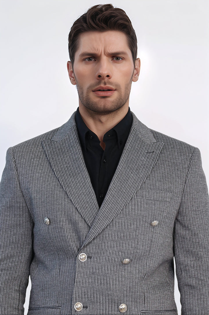Antrasit Çizgili Gümüş Rengi Metal Düğmeli Slim Fit Kruvaze Blazer – Wessi