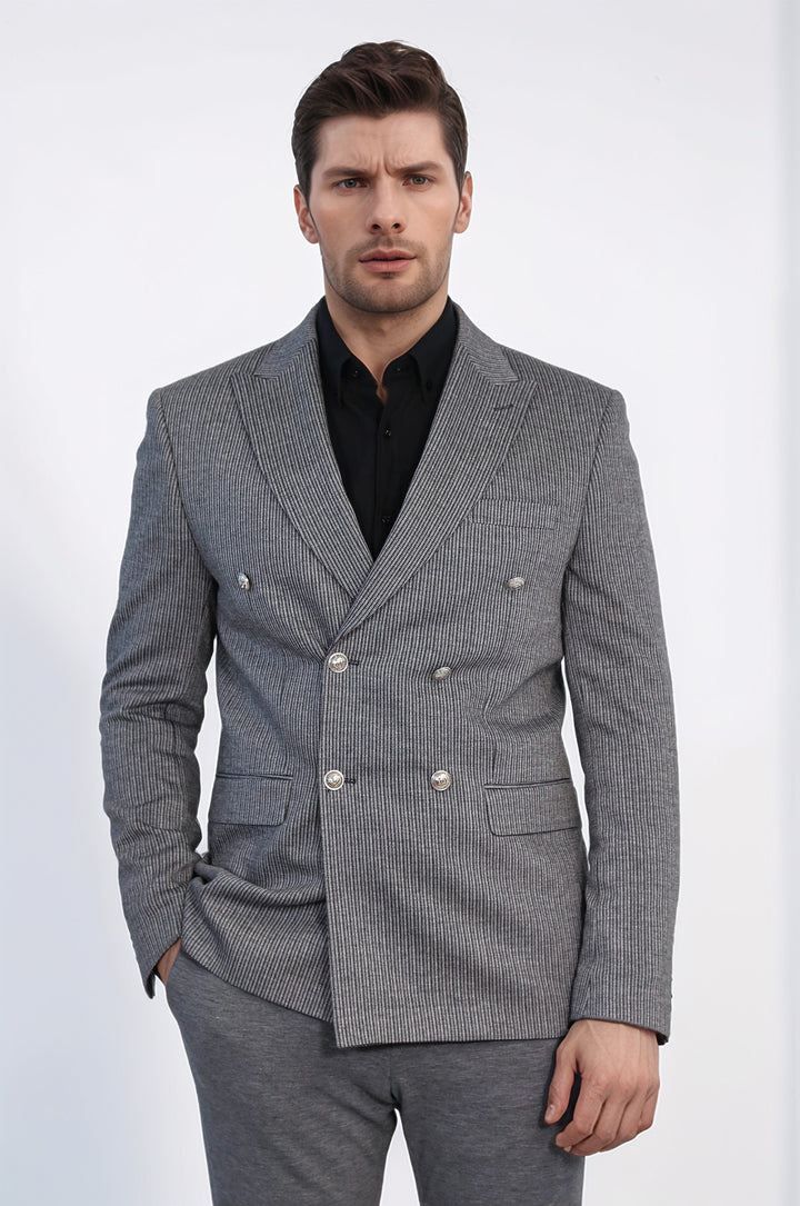 Antrasit Çizgili Gümüş Rengi Metal Düğmeli Slim Fit Kruvaze Blazer – Wessi