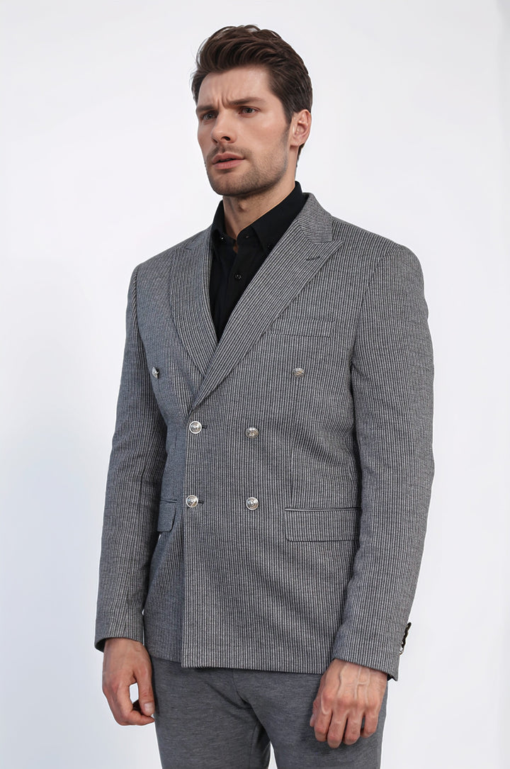 Antrasit Çizgili Gümüş Rengi Metal Düğmeli Slim Fit Kruvaze Blazer – Wessi