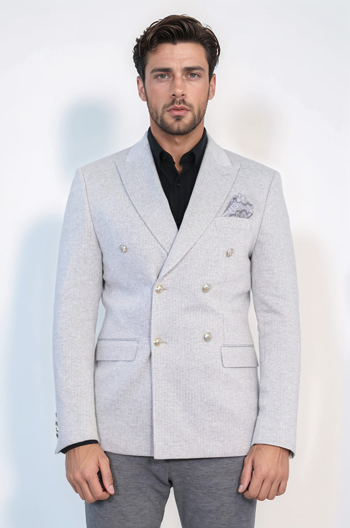 Gri Çizgili Gümüş Rengi Metal Düğmeli Slim Fit Kruvaze Blazer – Wessi