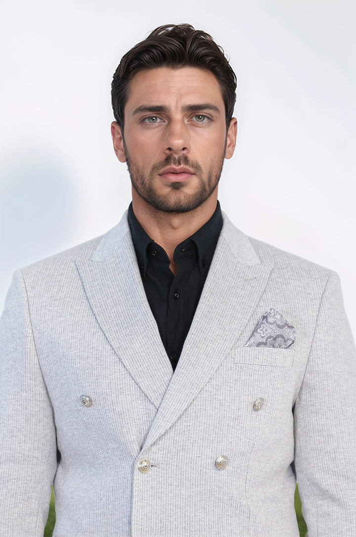 Gri Çizgili Gümüş Rengi Metal Düğmeli Slim Fit Kruvaze Blazer – Wessi