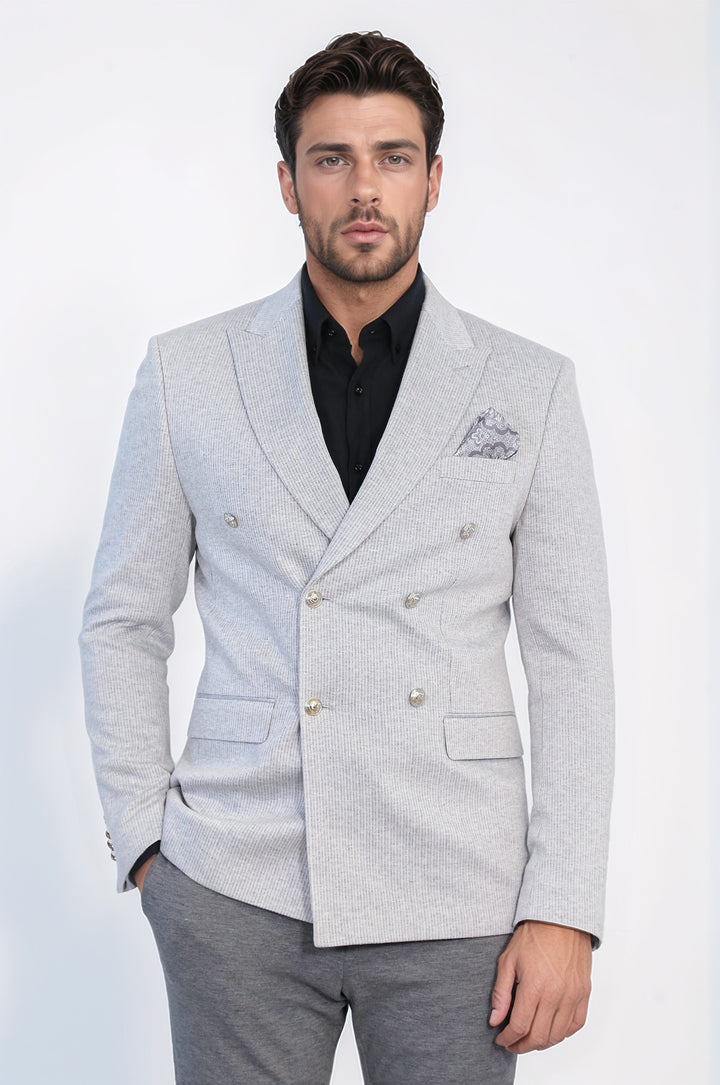 Gri Çizgili Gümüş Rengi Metal Düğmeli Slim Fit Kruvaze Blazer – Wessi